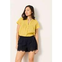 FatFace Pure Cotton Embroidered V-Neck Blouse Yellow