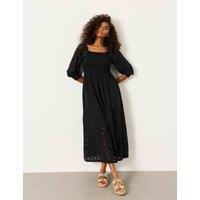 FatFace Broderie Square Neck Midi Waisted Dress Black