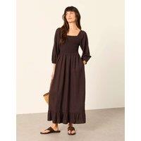 FatFace Cotton Blend Square Neck Midi Waisted Dress Chocolate