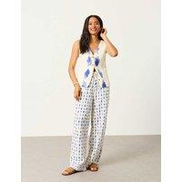 FatFace Linen Rich Shell Print Palazzo Trousers Ivory Mix