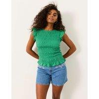 FatFace Pure Cotton Shirred Frill Sleeve Top Green