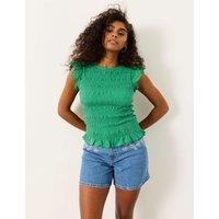 FatFace Pure Cotton Shirred Frill Sleeve Top Green