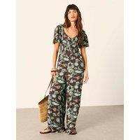 FatFace Floral Button Front Jumpsuit Brown Mix