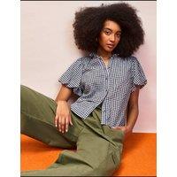 RO&ZO Gingham Button Through Puff Sleeve Shirt Navy Mix