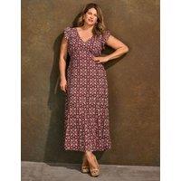 Live Unlimited London Boho Floral V-Neck Midi Tea Dress Red Mix