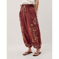 Monsoon Pure Cotton Embroidered Wide Leg Trousers Chocolate