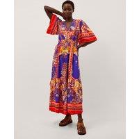 Monsoon Printed V-Neck Maxi Waisted Dress Cobalt