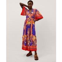 Monsoon Printed V-Neck Maxi Waisted Dress Cobalt