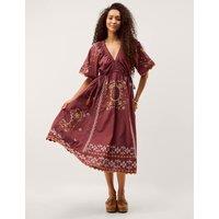 Monsoon Pure Cotton Embroidered V-Neck Midaxi Dress Brown Mix