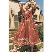 Monsoon Pure Cotton Embroidered V-Neck Midaxi Dress Brown Mix