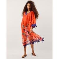 Monsoon Cotton Rich Floral Lace Up Kaftan Orange Mix