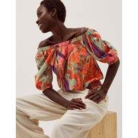 Monsoon Pure Cotton Printed Off The Shoulder Top Sage Mix