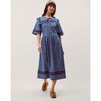 Monsoon Denim Tie Neck Midi Smock Dress Blue
