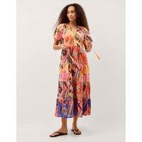 Monsoon Pure Cotton Floral Tie Neck Midaxi Dress Multi