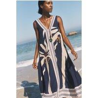 Monsoon Printed V-Neck Midi Kaftan Dress Navy Mix