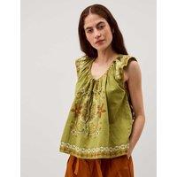 Monsoon Pure Cotton Embroidered Tie Neck Blouse Green Mix