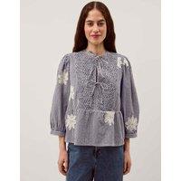 Monsoon Pure Cotton Checked Tie Neck Blouse Black Mix