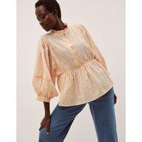 Monsoon Pure Cotton Gingham Ruffle High Neck Shirt Coral