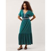 Monsoon Jersey Embroidered V-Neck Midi Waisted Dress Teal