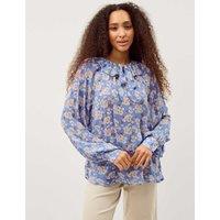 Monsoon Floral Round Neck Frill Detail Blouse Blue Mix