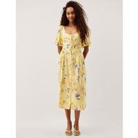 Monsoon Linen Rich Floral Scoop Neck Midaxi Dress Yellow Mix