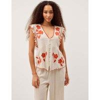 Monsoon Embroidered V-Neck Blouse Natural Mix