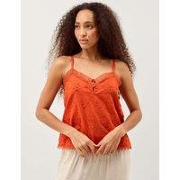 Monsoon Pure Cotton Embroidered V-Neck Cami Top Orange
