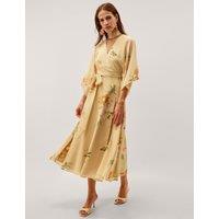 Monsoon Floral V-Neck Midi Wrap Dress Yellow Mix