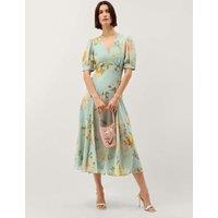 Monsoon Floral V-Neck Midi Waisted Dress Sage Mix