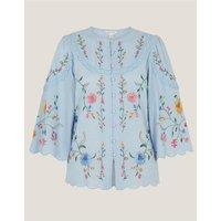 Monsoon Cotton Rich Embroidered Blouse with Linen Blue Mix