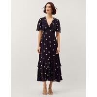 Monsoon Polka Dot V-Neck Midaxi Tiered Dress Navy Mix