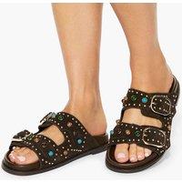 Kurt Geiger Suede Embellished Flat Sandals Brown Mix