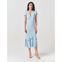 Ghost Crepe V-Neck Midi Tiered Tea Dress Blue