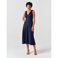 Ghost Satin V-Neck Tie Back Midi Tea Dress Navy