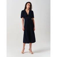 Ghost Crepe V-Neck Angel Sleeve Midi Tea Dress Navy