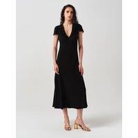 Ghost Crepe Frill V-Neck Midi Tea Dress Black