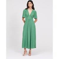 Ghost Crepe V-Neck Angel Sleeve Midi Tea Dress Green