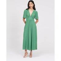 Ghost Crepe V-Neck Angel Sleeve Midi Tea Dress Green