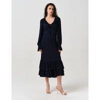 Ghost Crepe Ruffle Hem Midi Dress Navy