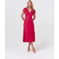 Ghost Crepe Frill V-Neck Midi Tea Dress Hot Pink