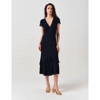 Ghost Crepe V-Neck Midi Tiered Tea Dress Navy