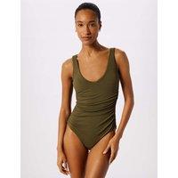 Whistles Textured Side Ruched Scoop Neck Swimsuit Khaki