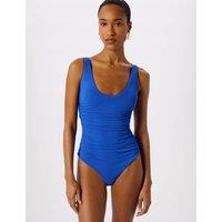 Whistles Textured Side Ruched Scoop Neck Swimsuit Blue
