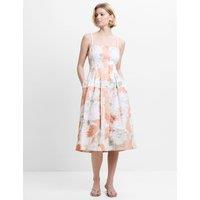 French Connection Denim Floral Square Neck Midi Skater Dress Orange Mix