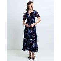 French Connection Floral V-Neck Midi Smock Dress Dark Navy Mix