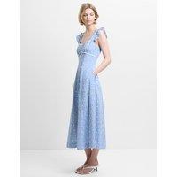 French Connection Pure Cotton Broderie Square Neck Midi Dress Light Blue Mix