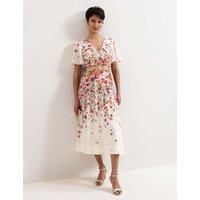 Phase Eight Lyocell Rich Floral V-Neck Midi Skater Dress Cream Mix