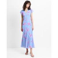 French Connection Chiffon Floral V-Neck Midi Tea Dress Blue Mix