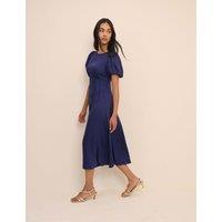 Nobody's Child Round Neck Puff Sleeve Midi Waisted Dress Blue