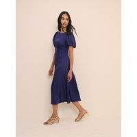 Nobody's Child Round Neck Puff Sleeve Midi Waisted Dress Blue